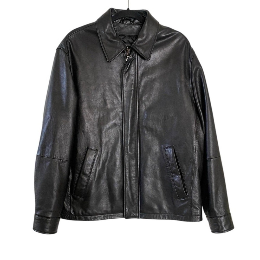 JoS A Bank Soft Leather Jacket Mens M Black Bomber Zip Quilted Lined Outerwear